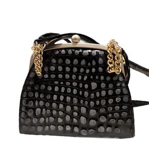 Carla Mancini Vintage Y2K Black Patent Leather Croc & Gold Chain Crossbody Bag